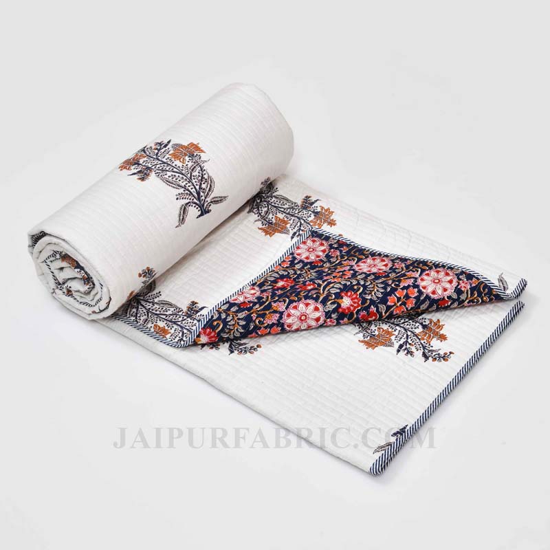 Icy Fresh Floral Print Pure Cotton Reversible Quilted Bedcover with Pillowcases