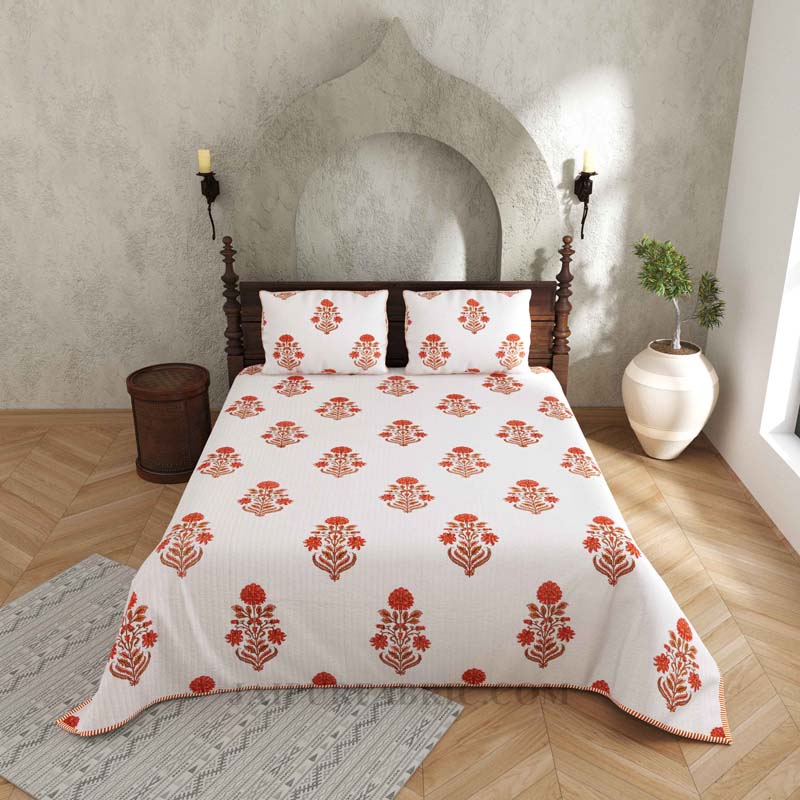 Ornamental Orange Floral  Print Pure Cotton Reversible Quilted Bedcover with Pillowcases