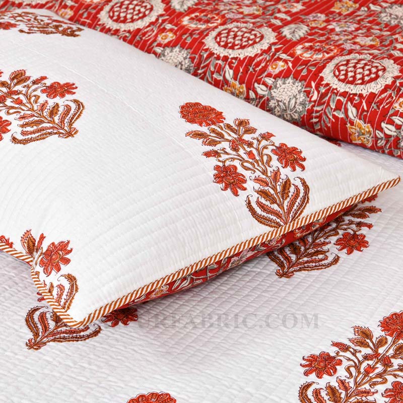 Ornamental Orange Floral  Print Pure Cotton Reversible Quilted Bedcover with Pillowcases