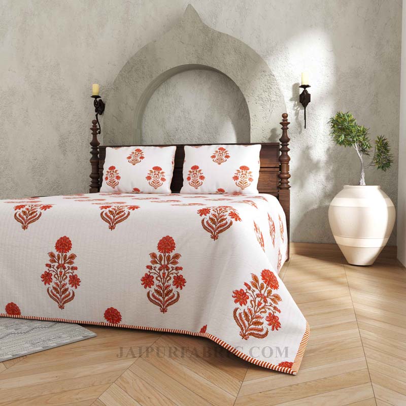 Ornamental Orange Floral  Print Pure Cotton Reversible Quilted Bedcover with Pillowcases