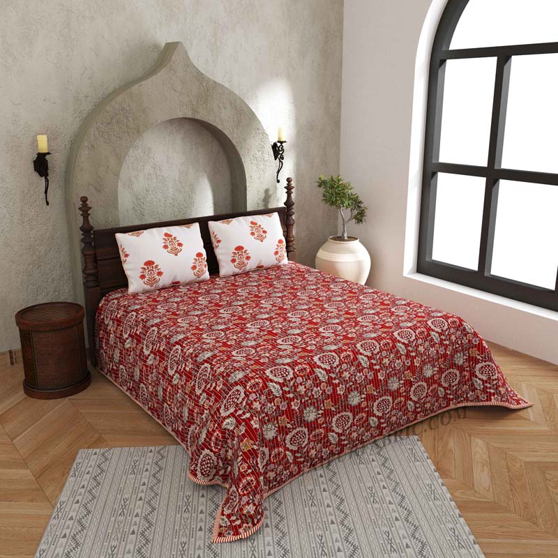 Ornamental Orange Floral  Print Pure Cotton Reversible Quilted Bedcover with Pillowcases