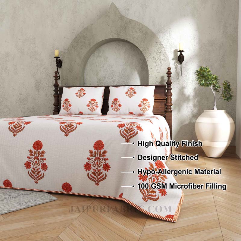 Ornamental Orange Floral  Print Pure Cotton Reversible Quilted Bedcover with Pillowcases