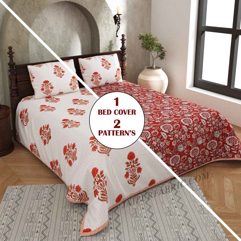 Ornamental Orange Floral  Print Pure Cotton Reversible Quilted Bedcover with Pillowcases