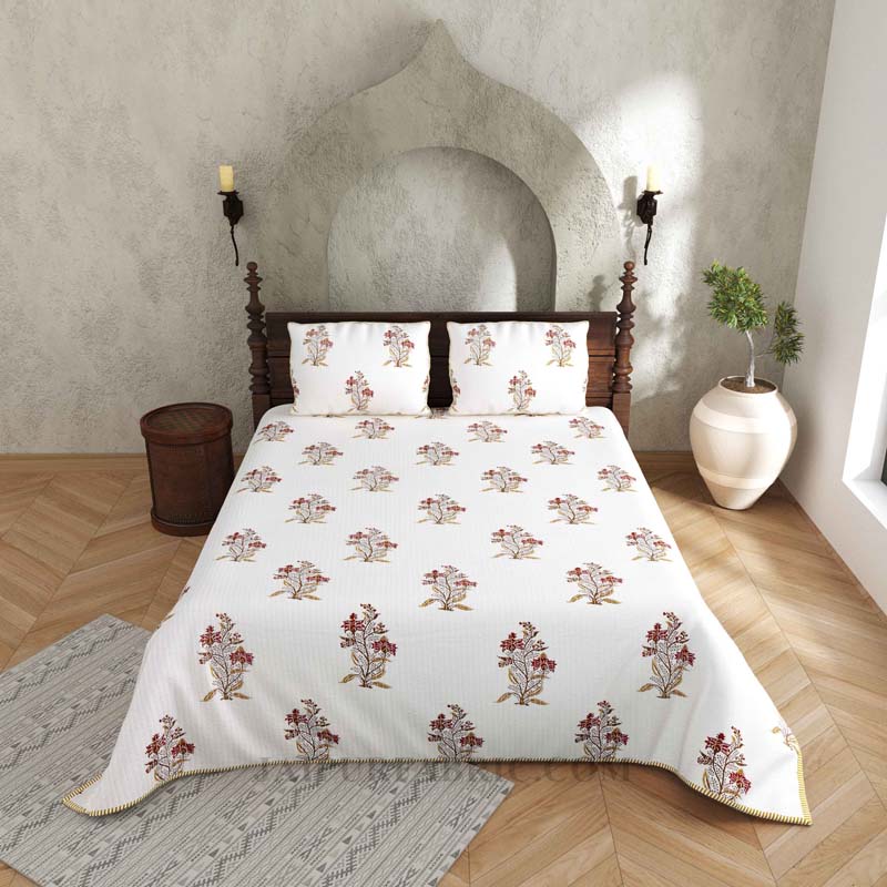 Serene Snowy Floral Print Pure Cotton Reversible Quilted Bedcover with Pillowcases