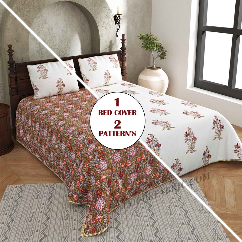 Serene Snowy Floral Print Pure Cotton Reversible Quilted Bedcover with Pillowcases