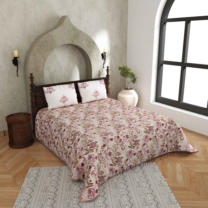 Royal Floral Fusion Pure Cotton Reversible Quilted Bedcover with Pillowcases