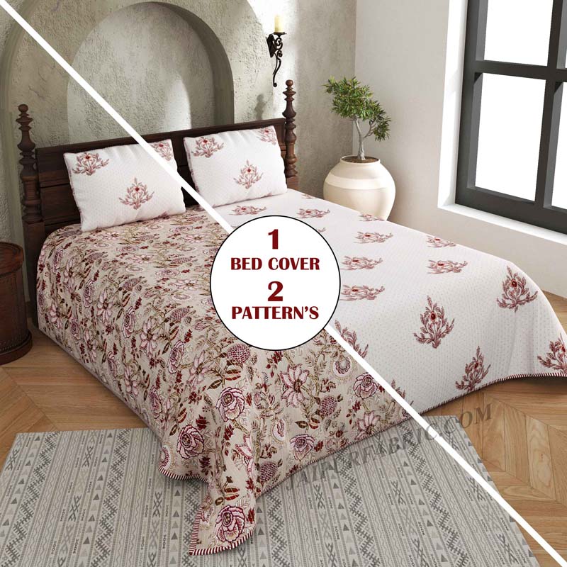 Royal Floral Fusion Pure Cotton Reversible Quilted Bedcover with Pillowcases