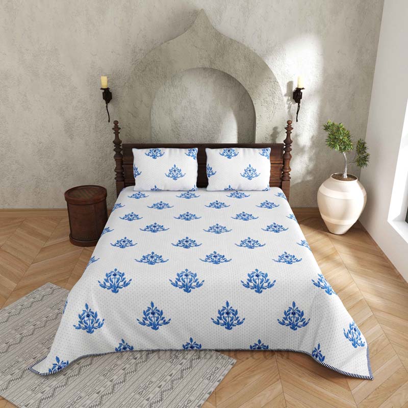 The Blue Blithe Pure Cotton Reversible Quilted Bedcover with Pillowcases