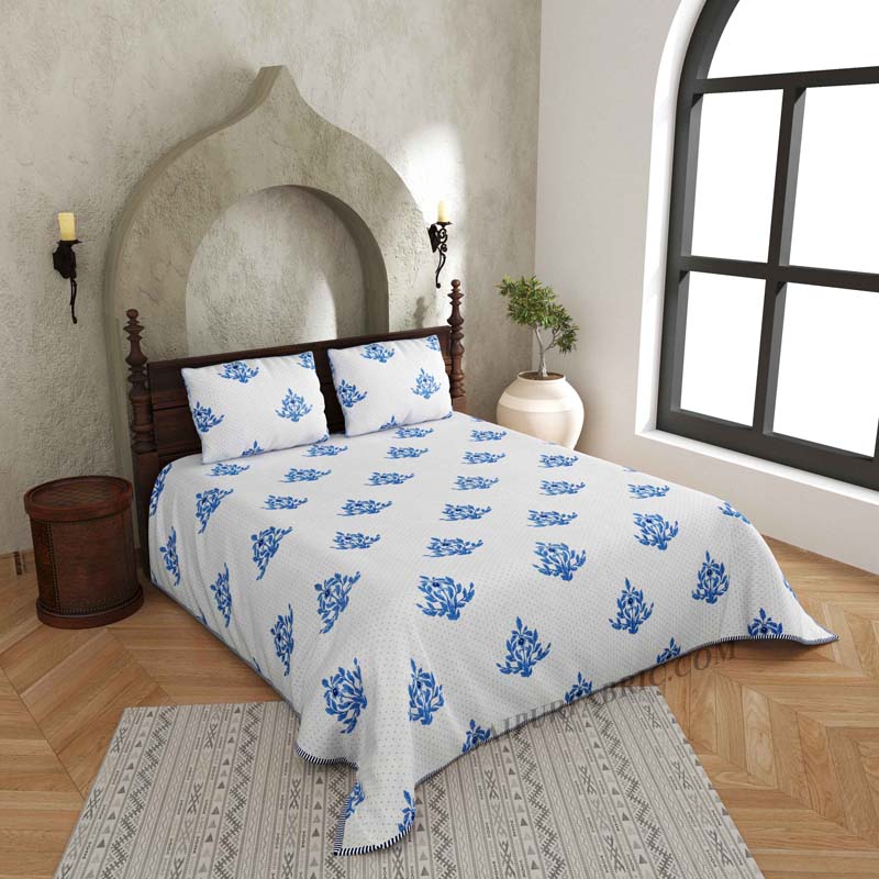 The Blue Blithe Pure Cotton Reversible Quilted Bedcover with Pillowcases