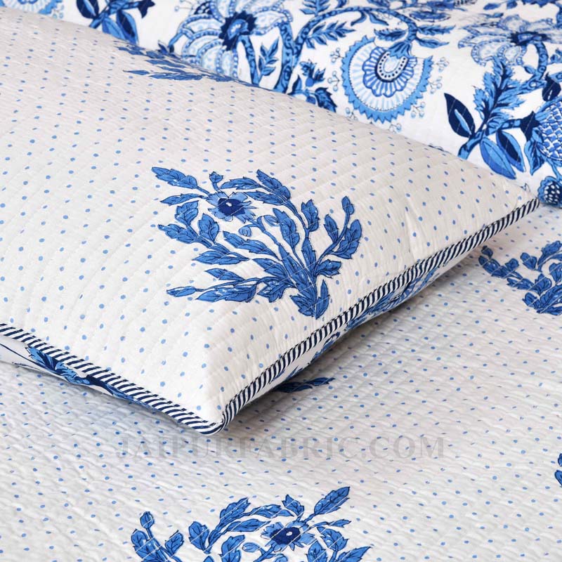 The Blue Blithe Pure Cotton Reversible Quilted Bedcover with Pillowcases