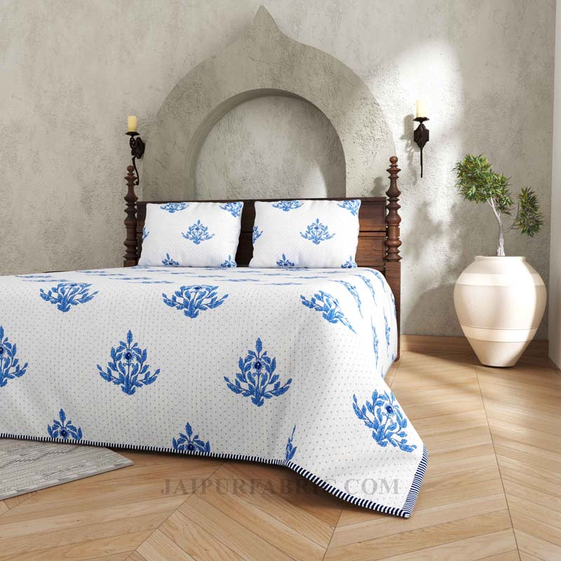 The Blue Blithe Pure Cotton Reversible Quilted Bedcover with Pillowcases