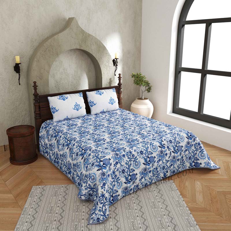 The Blue Blithe Pure Cotton Reversible Quilted Bedcover with Pillowcases