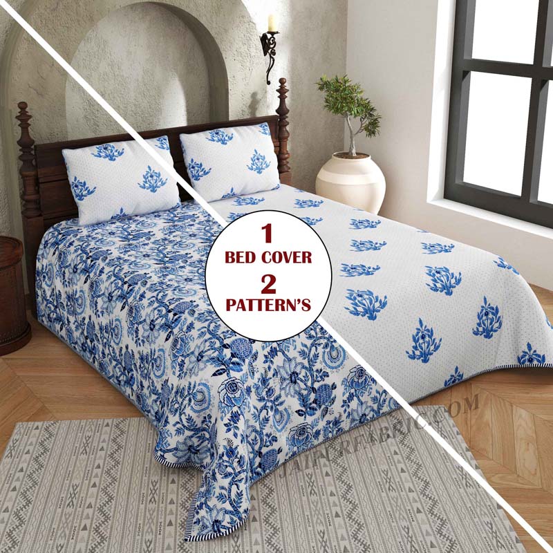 The Blue Blithe Pure Cotton Reversible Quilted Bedcover with Pillowcases