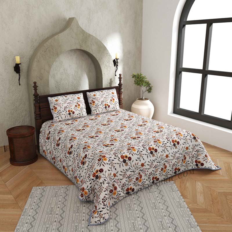 Floral Fiesta Pure Cotton Reversible Quilted Bedcover with Pillowcases