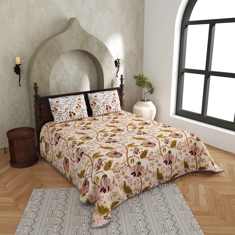 Floral Fiesta Pure Cotton Reversible Quilted Bedcover with Pillowcases