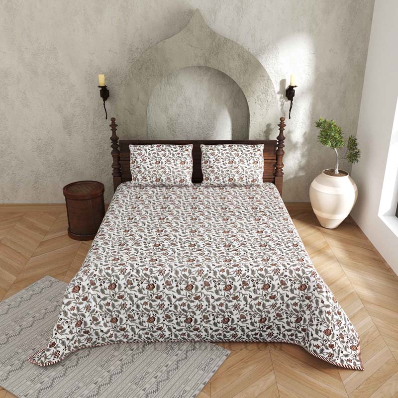 Lotus Carnival Pure Cotton Reversible Quilted Bedcover with Pillowcases