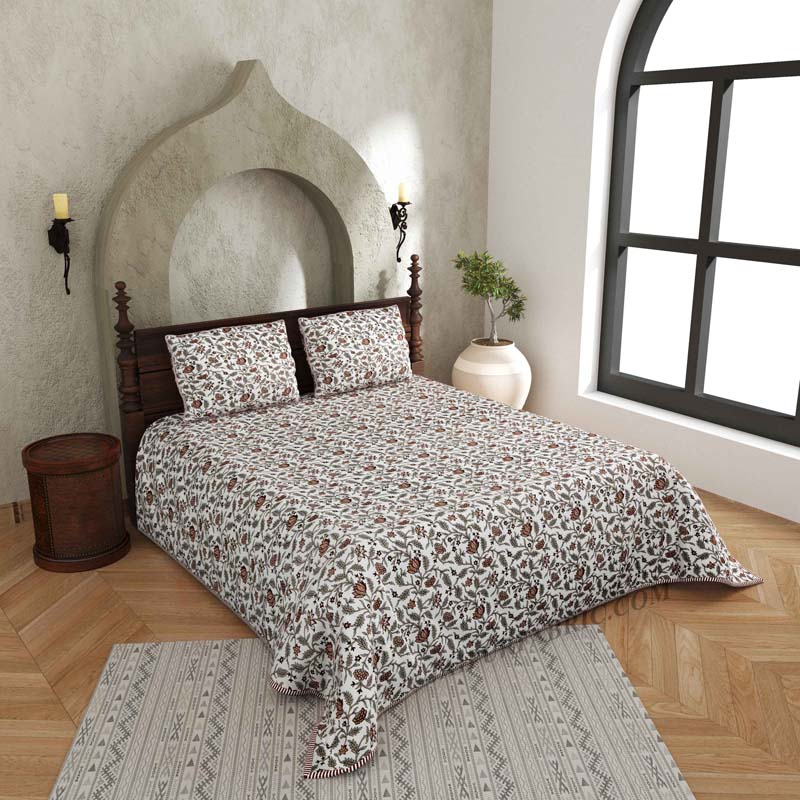 Lotus Carnival Pure Cotton Reversible Quilted Bedcover with Pillowcases