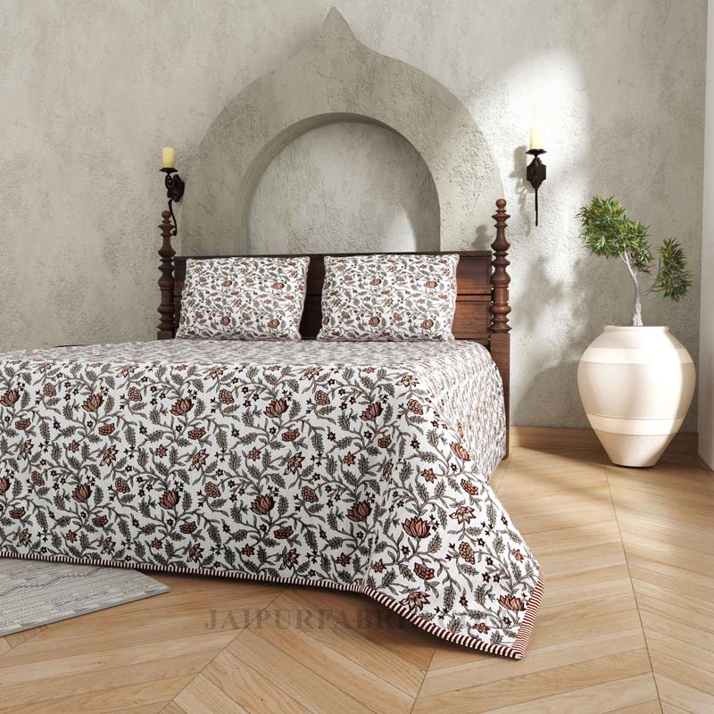 Lotus Carnival Pure Cotton Reversible Quilted Bedcover with Pillowcases