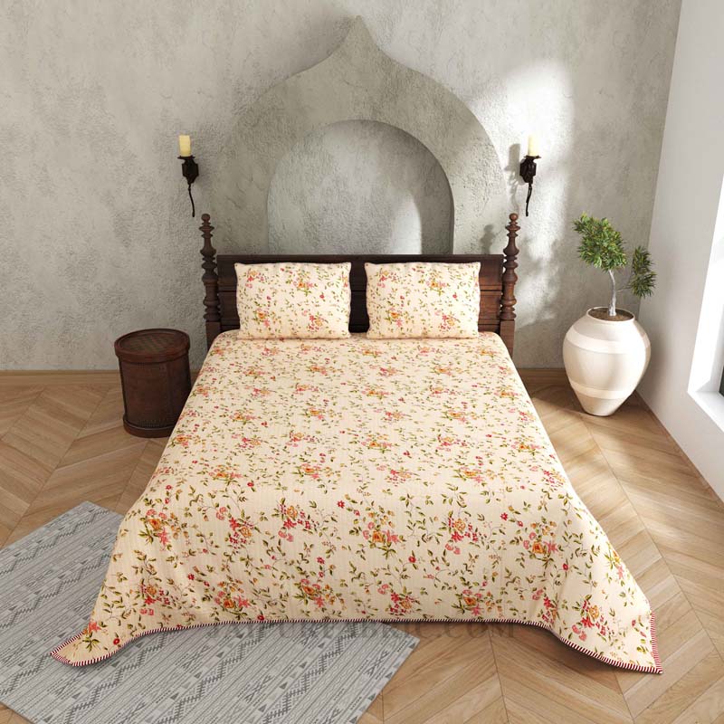 A Regal Glimpse Pure Cotton Reversible Quilted Bedcover with Pillowcases