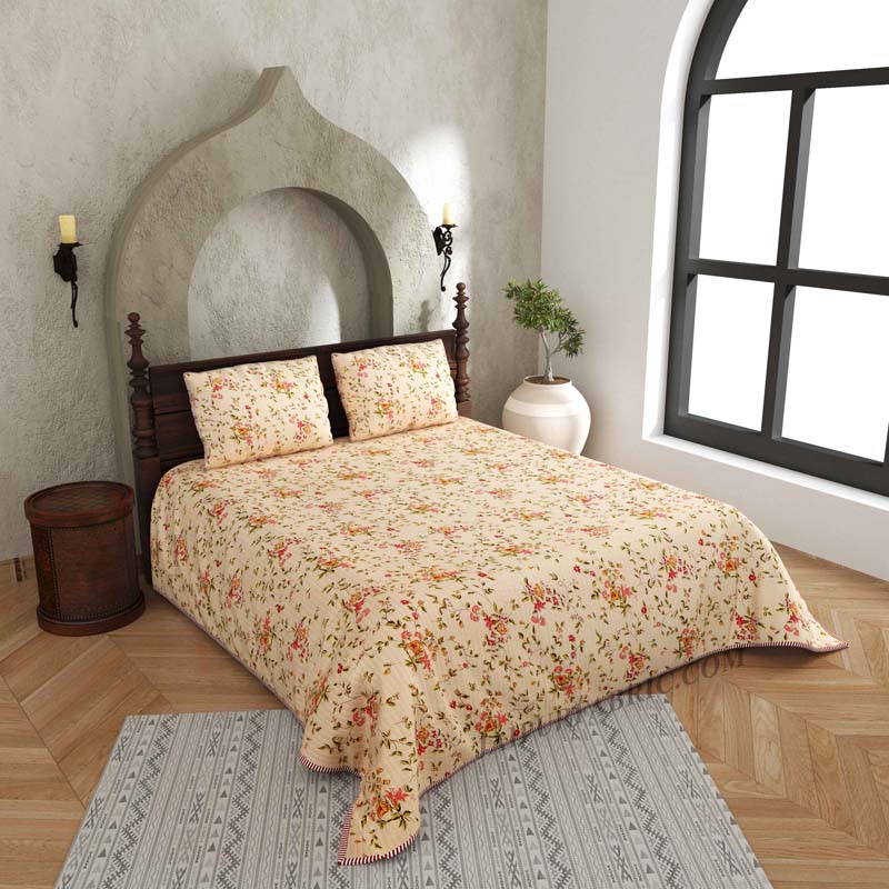 A Regal Glimpse Pure Cotton Reversible Quilted Bedcover with Pillowcases