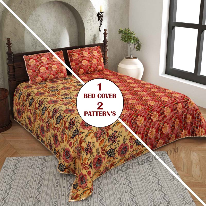 Tyahoor Ki Bahaar Pure Cotton Reversible Quilted Bedcover with Pillowcases