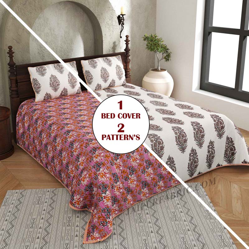 Fab & Floral Pure Cotton Reversible Quilted Bedcover with Pillowcases