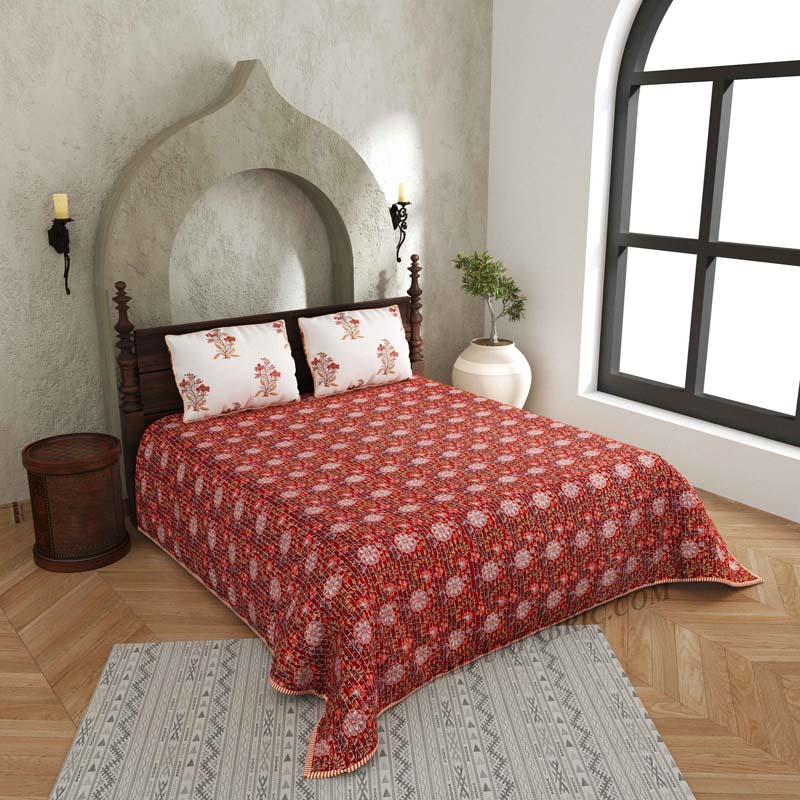 The Festive Hit Pure Cotton Reversible Quilted Bedcover with Pillowcases