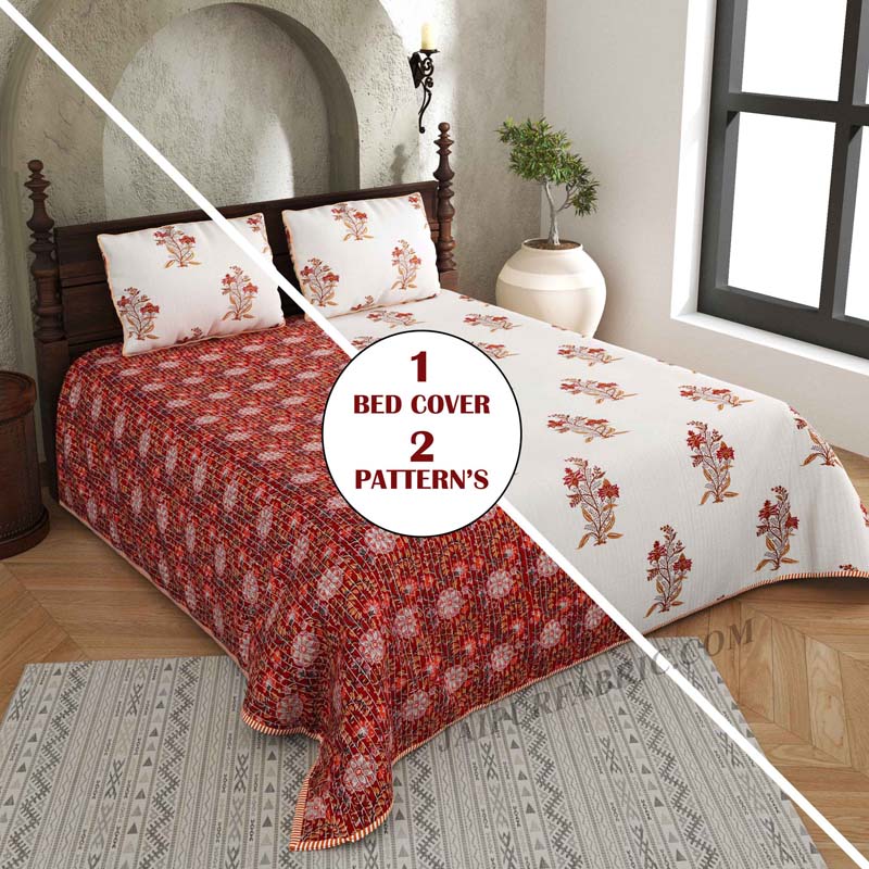 The Festive Hit Pure Cotton Reversible Quilted Bedcover with Pillowcases