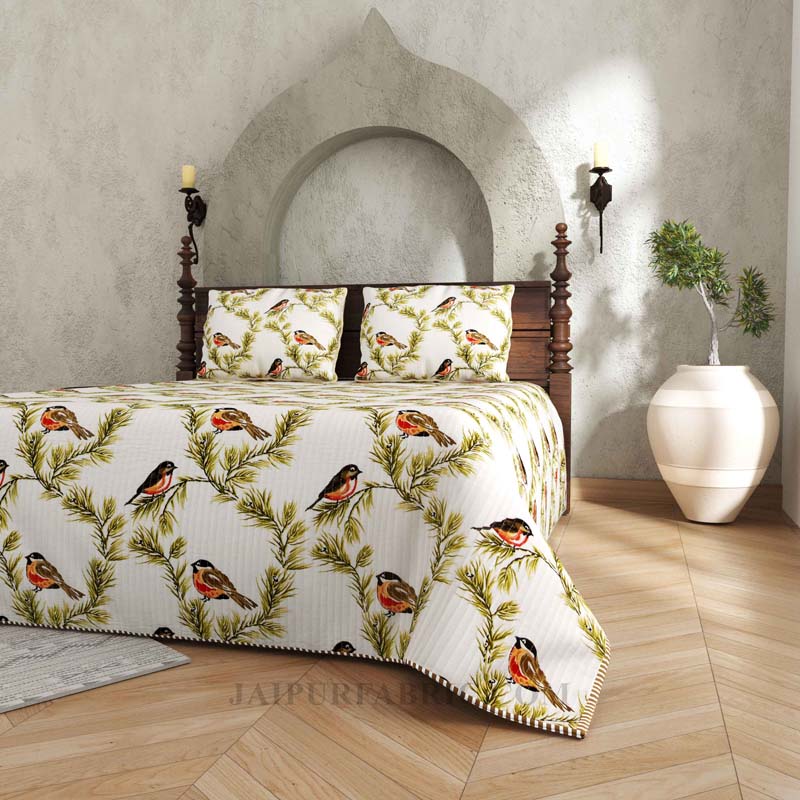 The Nature's Pose Pure Cotton Reversible Quilted Bedcover with Pillowcases