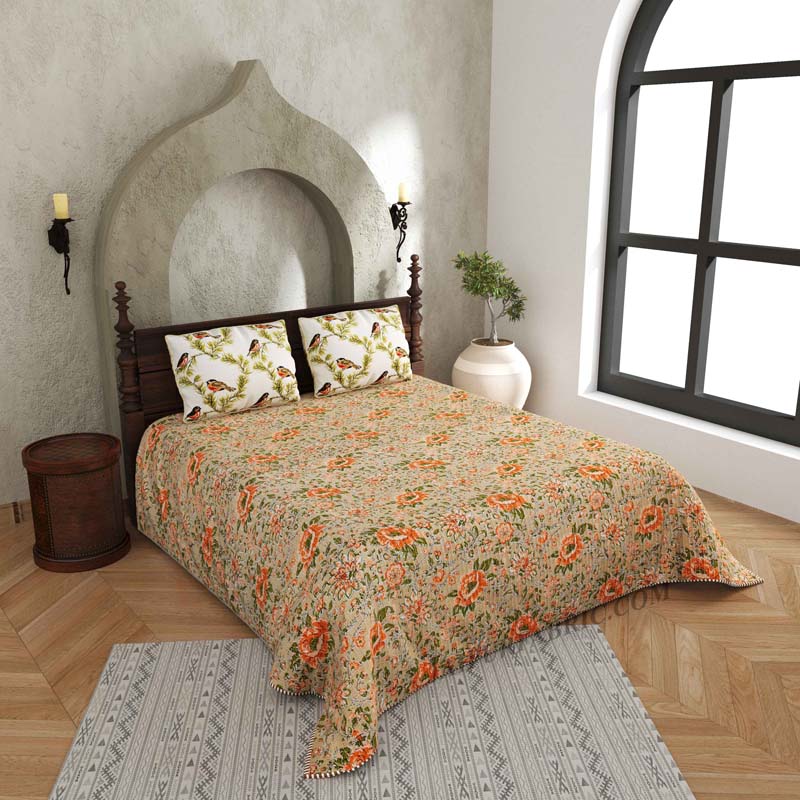 The Nature's Pose Pure Cotton Reversible Quilted Bedcover with Pillowcases