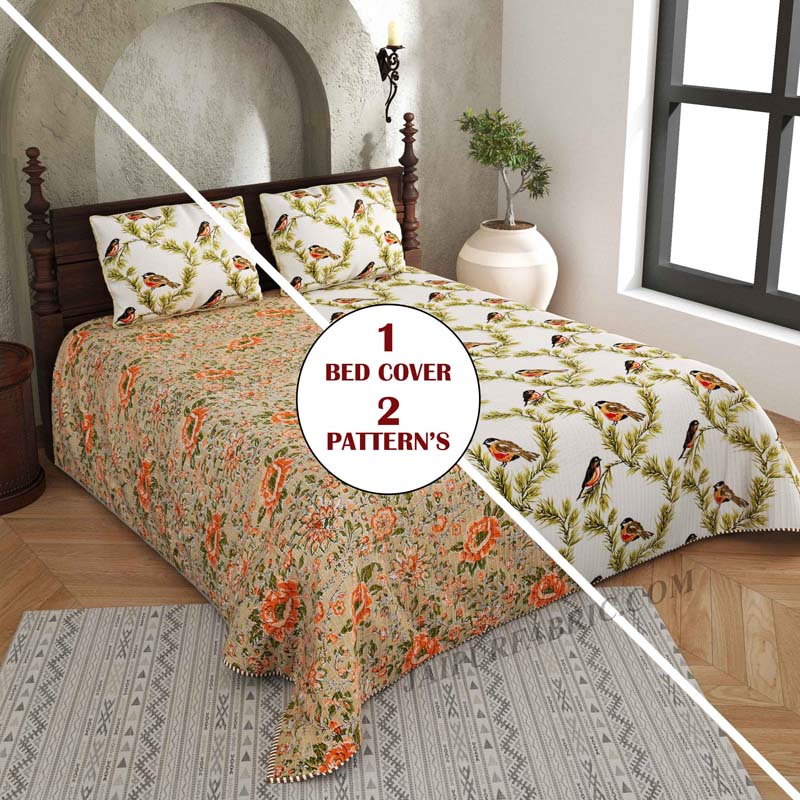 The Nature's Pose Pure Cotton Reversible Quilted Bedcover with Pillowcases