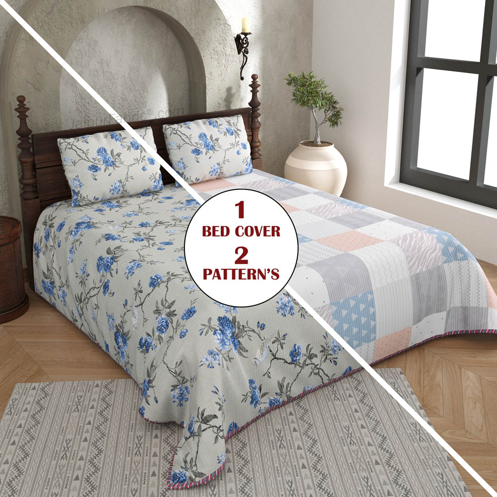 A Gladden Look Pure Cotton Reversible Quilted Bedcover with Pillowcases