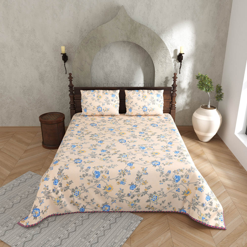 A Peaceful Glimpse Pure Cotton Reversible Quilted Bedcover with Pillowcases