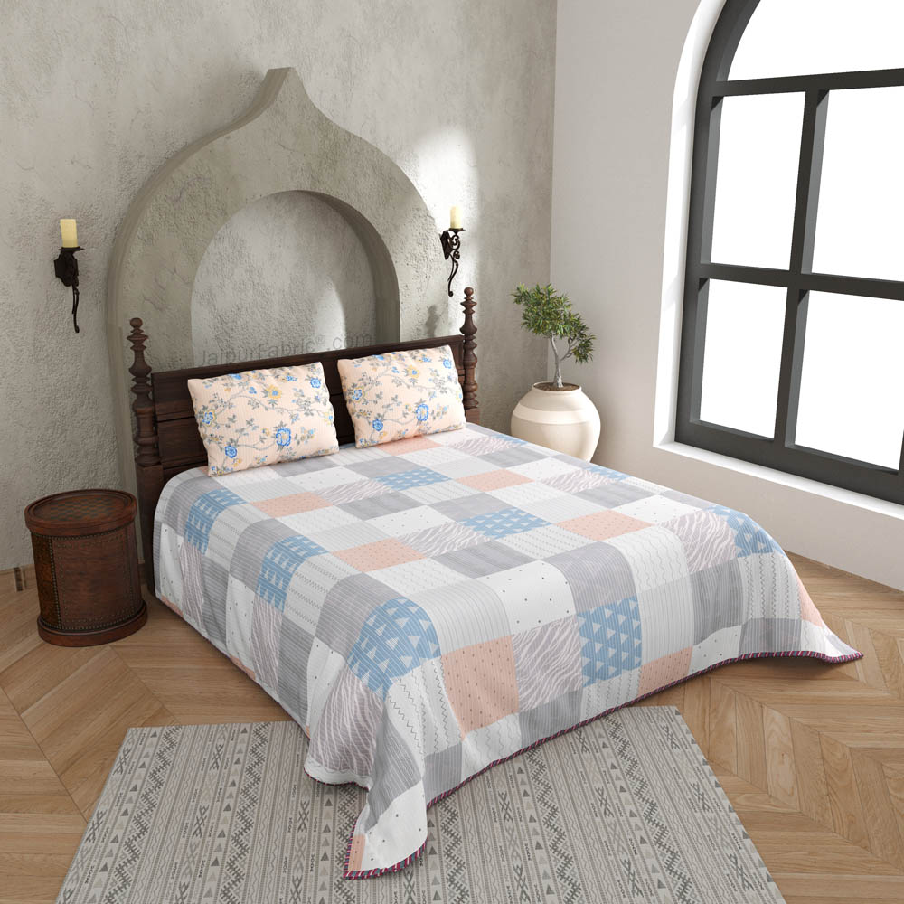 A Peaceful Glimpse Pure Cotton Reversible Quilted Bedcover with Pillowcases