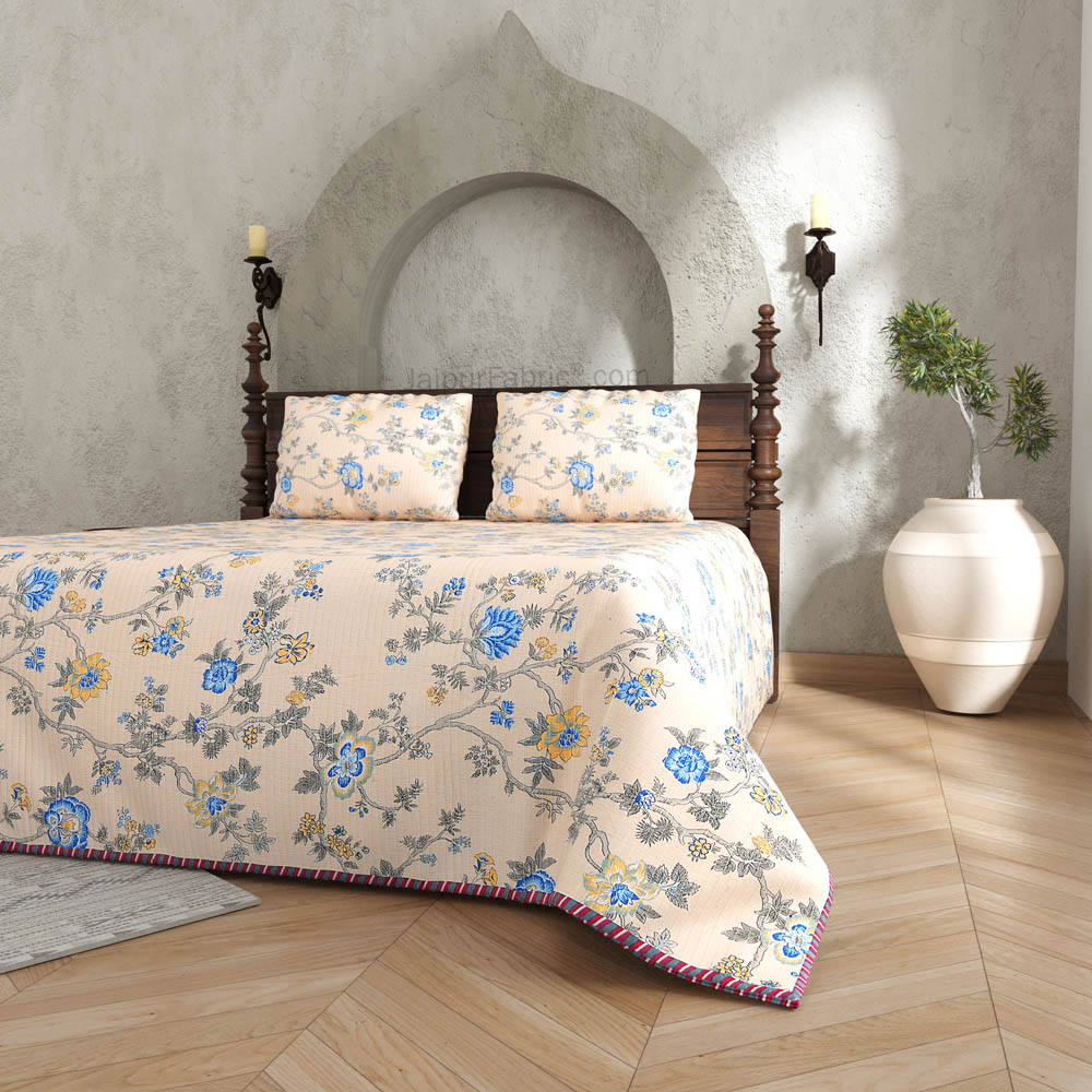 A Peaceful Glimpse Pure Cotton Reversible Quilted Bedcover with Pillowcases