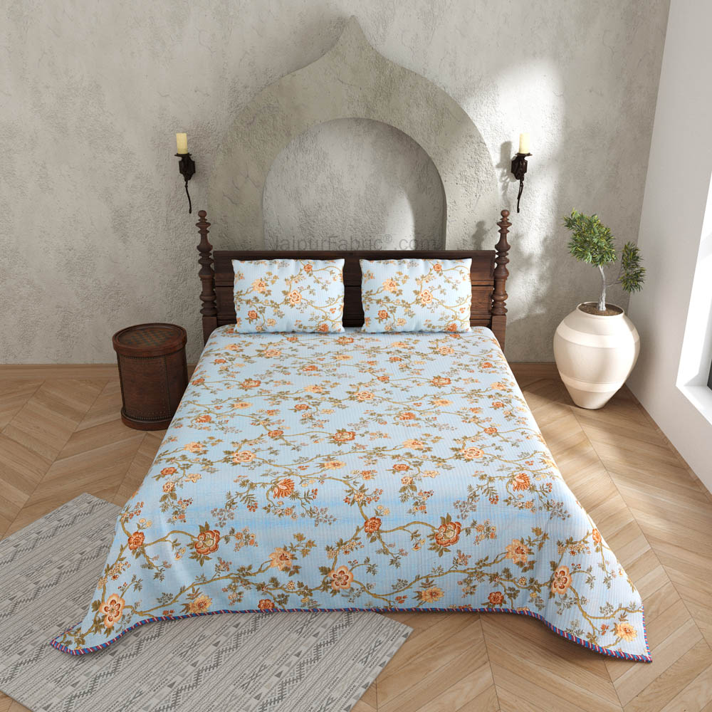 A Serene Sight Pure Cotton Reversible Quilted Bedcover with Pillowcases