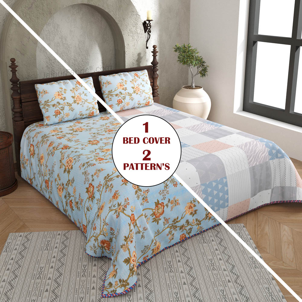 A Serene Sight Pure Cotton Reversible Quilted Bedcover with Pillowcases