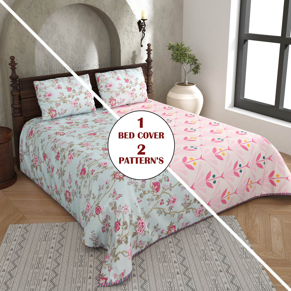 A Calm Frame Pure Cotton Reversible Quilted Bedcover with Pillowcases