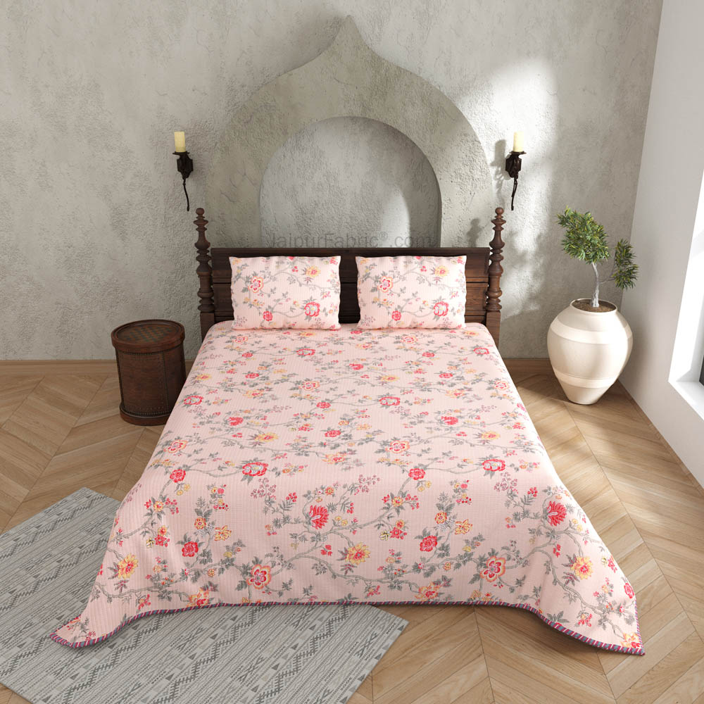 A Lovely Method Pure Cotton Reversible Quilted Bedcover with Pillowcases