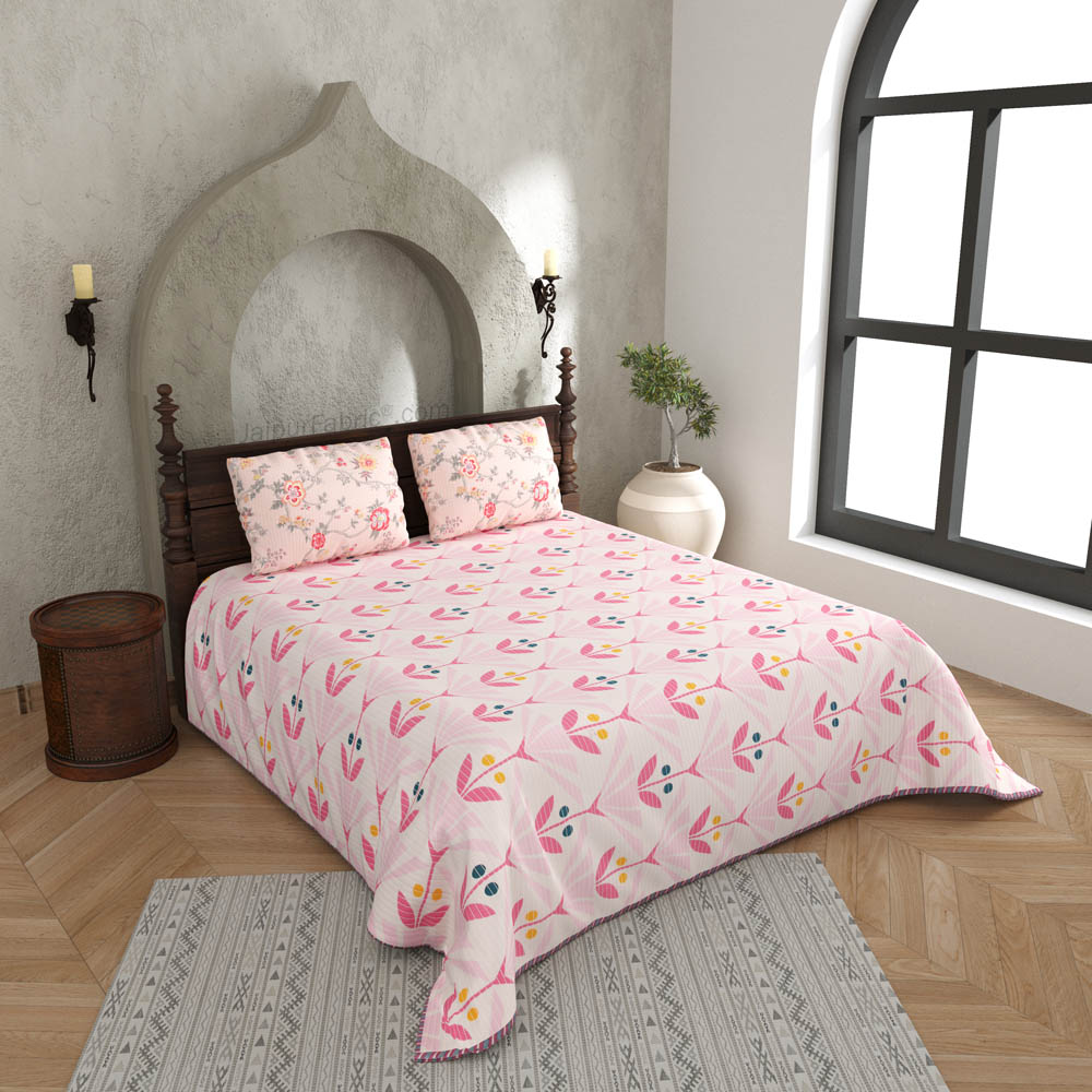 A Lovely Method Pure Cotton Reversible Quilted Bedcover with Pillowcases