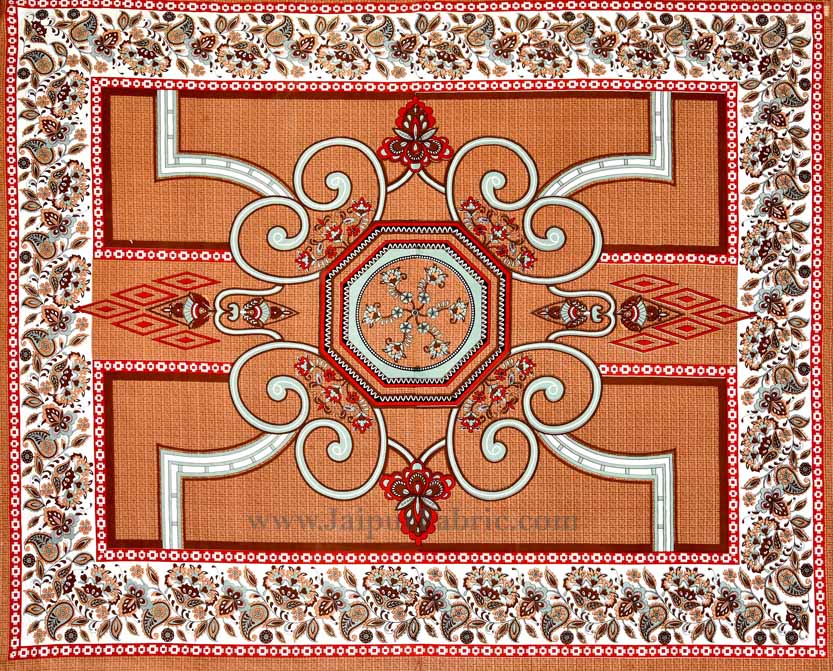 Double Bedsheet Orangish Rangoli Cotton 2 Pillow Cover