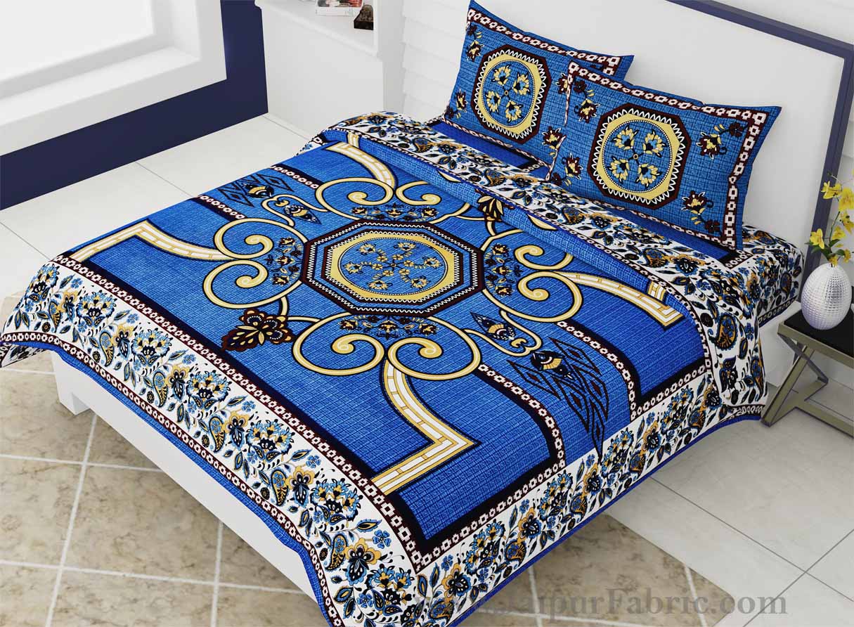 Double Bedsheet Blueish Rangoli Cotton 2 Pillow Cover