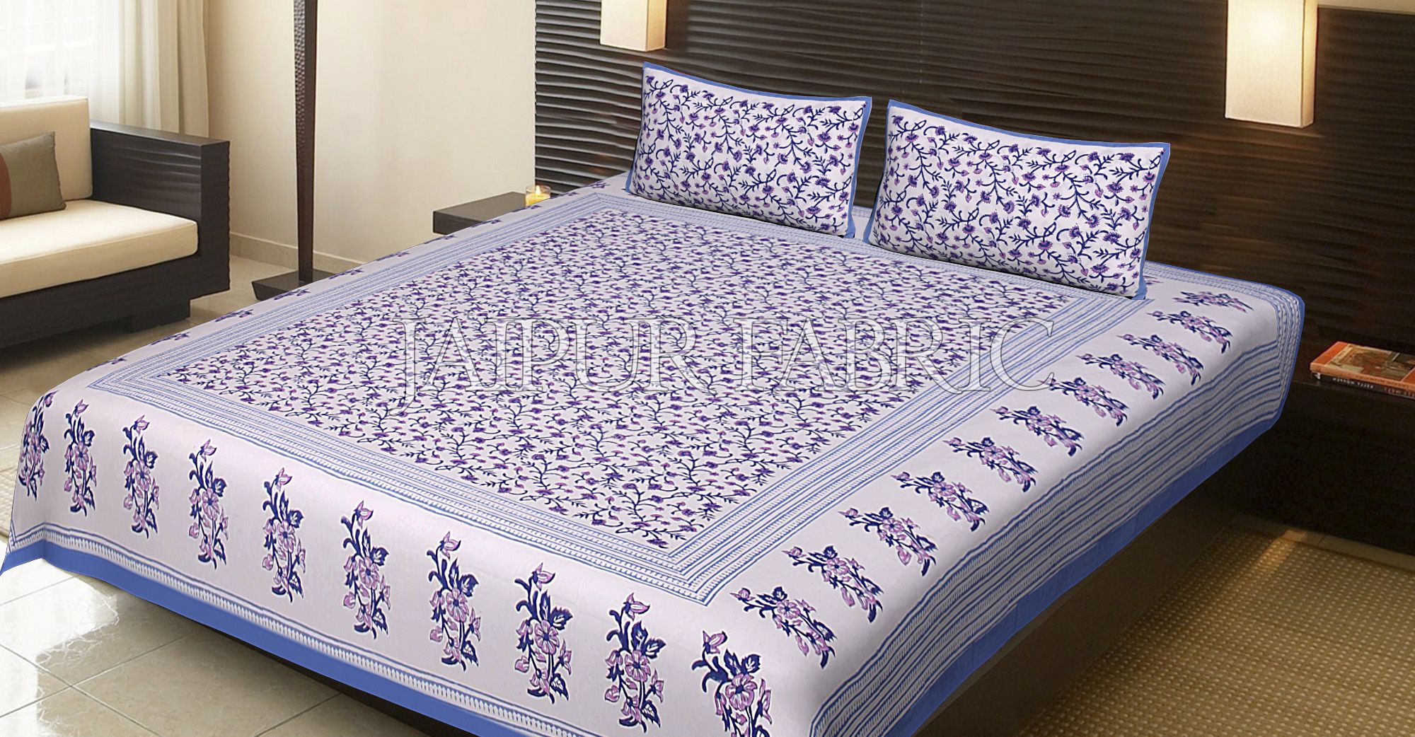 Blue Border Cream Base Leaf Pattern Block Print Cotton Double Bed Sheet