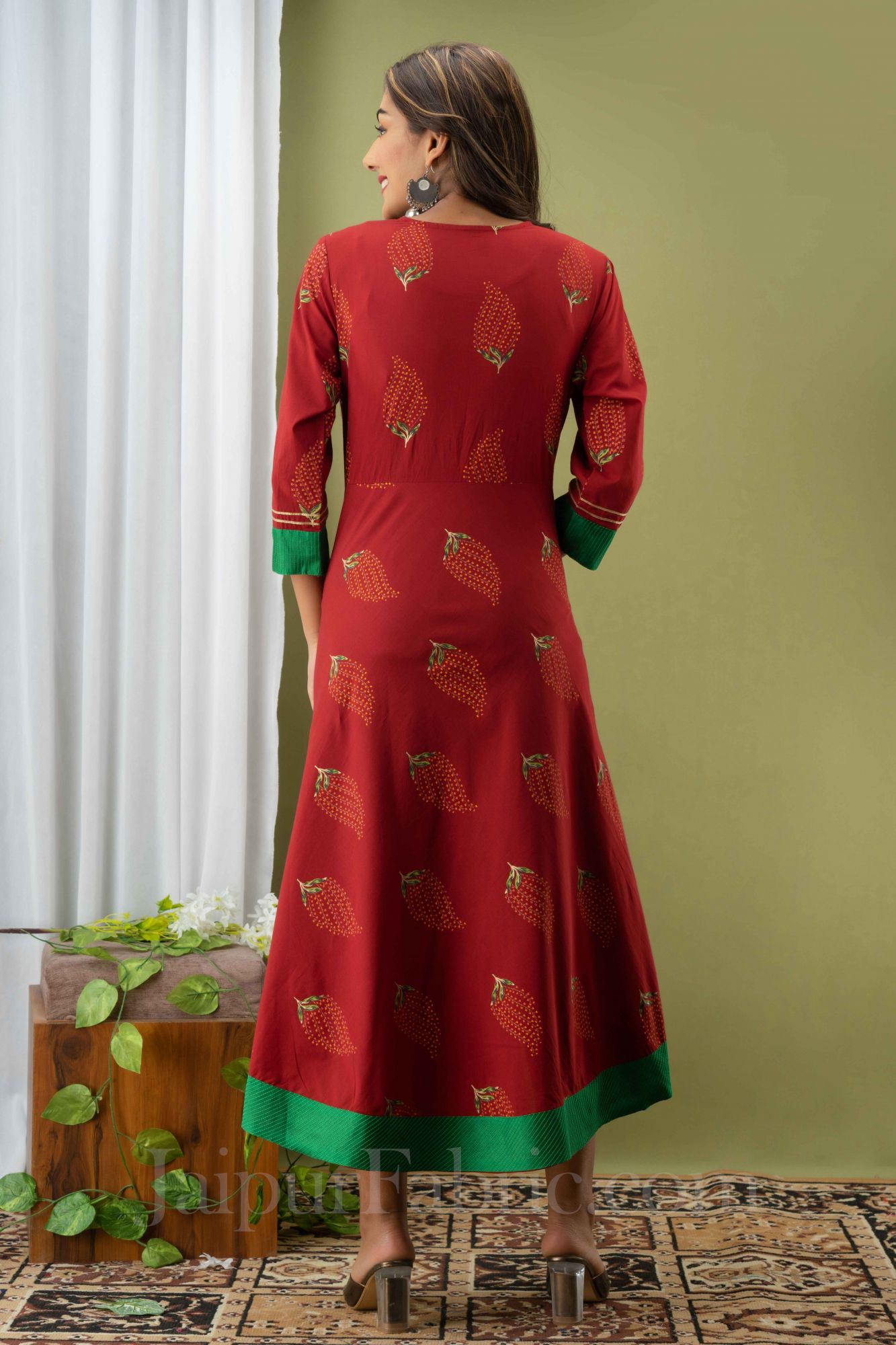 Women Red Cotton Flared Kurti