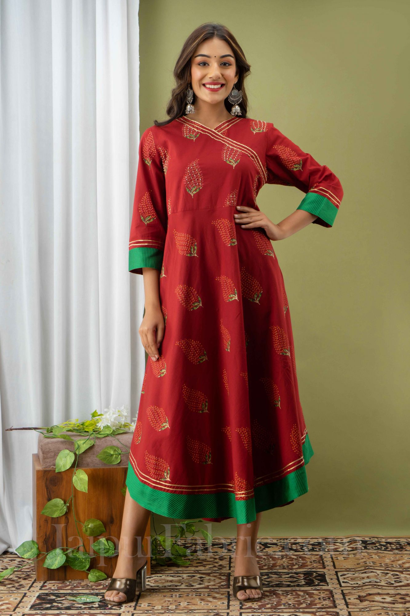 Women Red Cotton Flared Kurti