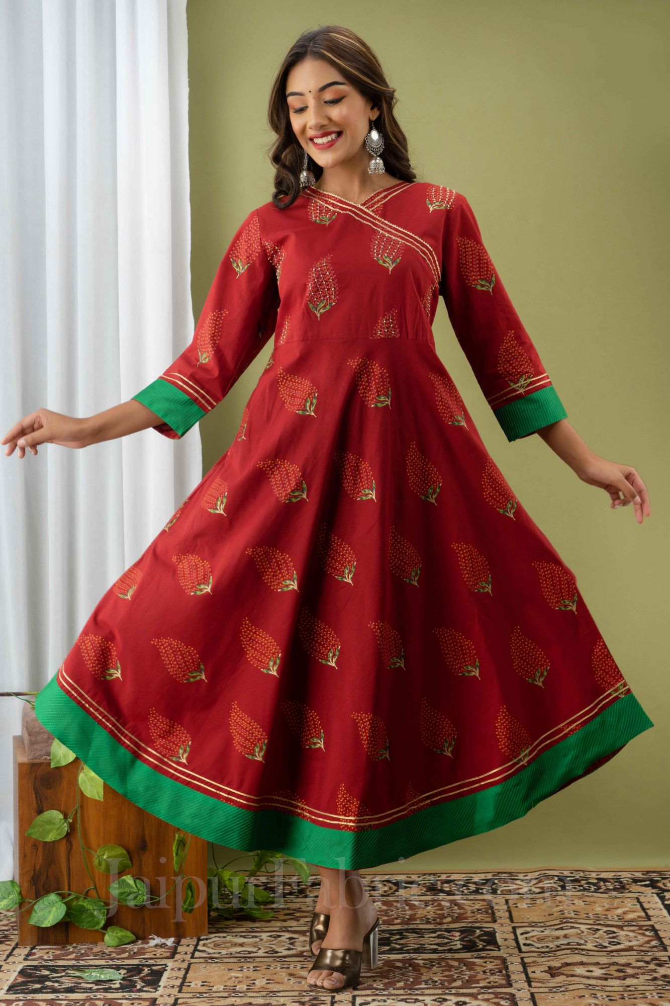 Women Red Cotton Flared Kurti