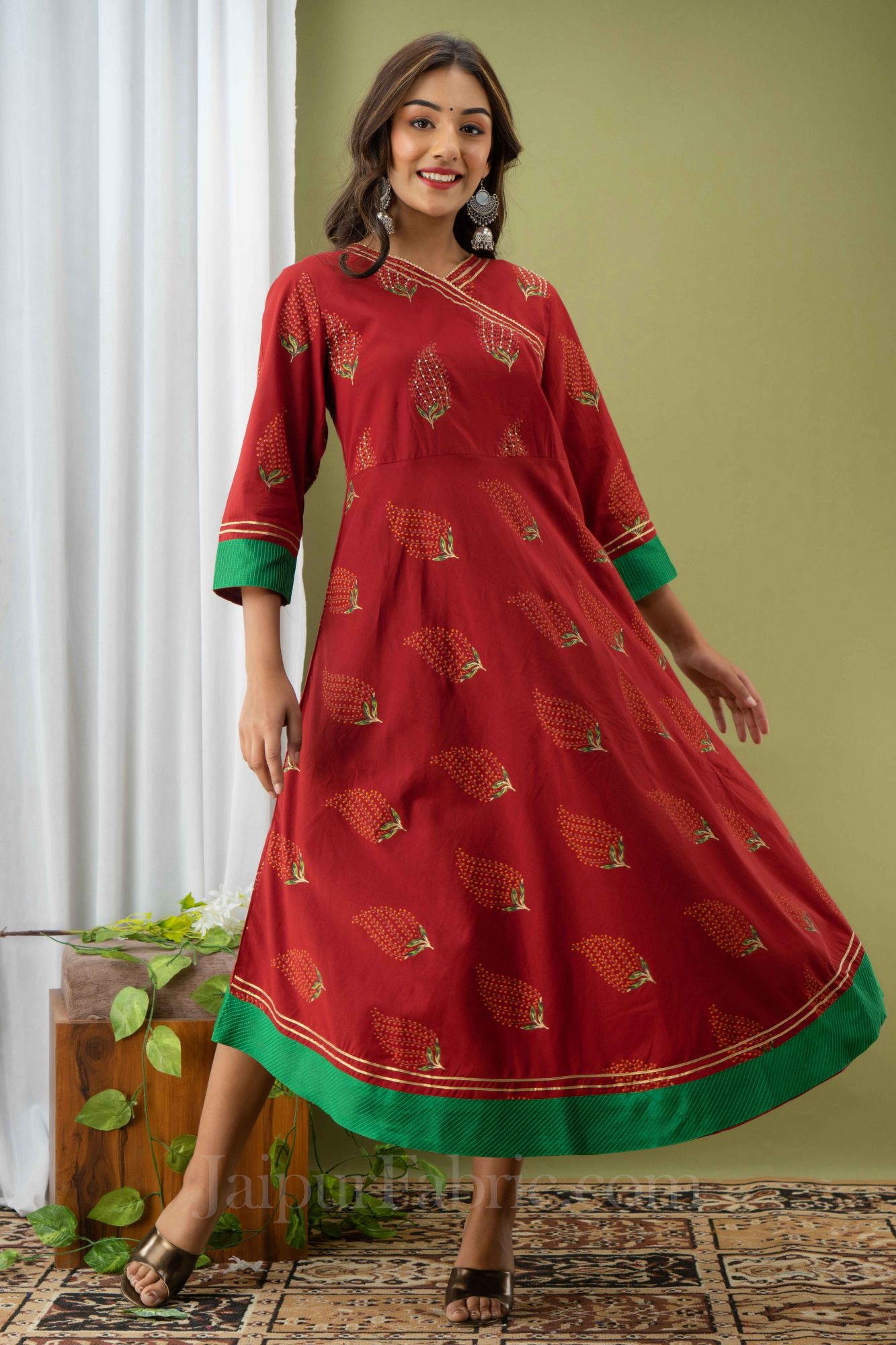 Women Red Cotton Flared Kurti