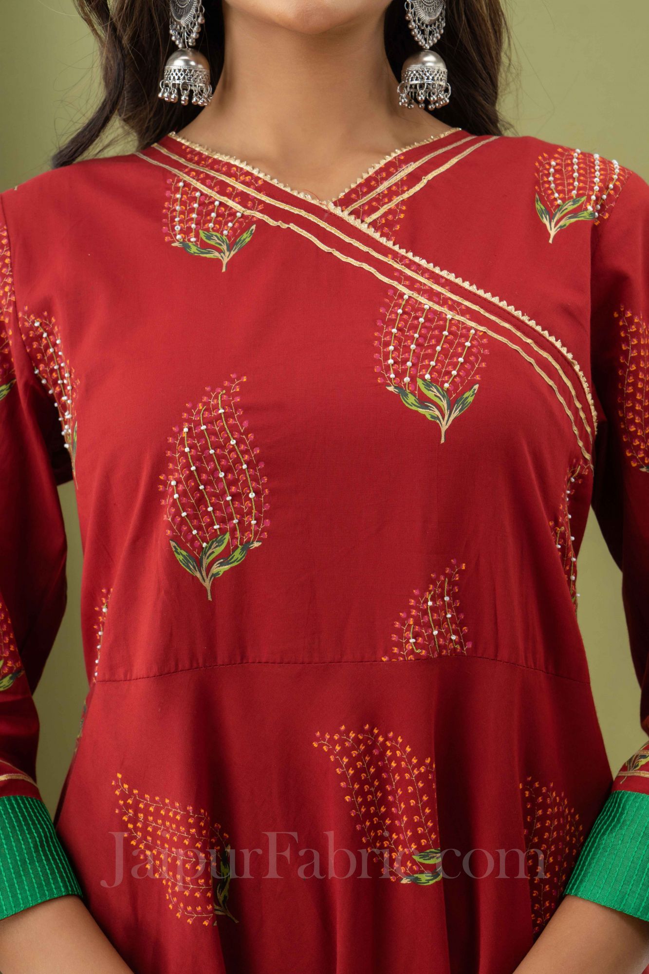 Women Red Cotton Flared Kurti