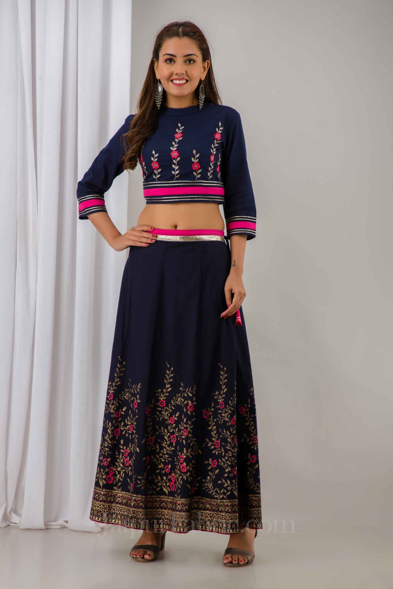 Women Navy Blue Festive Cotton Top with Skirt