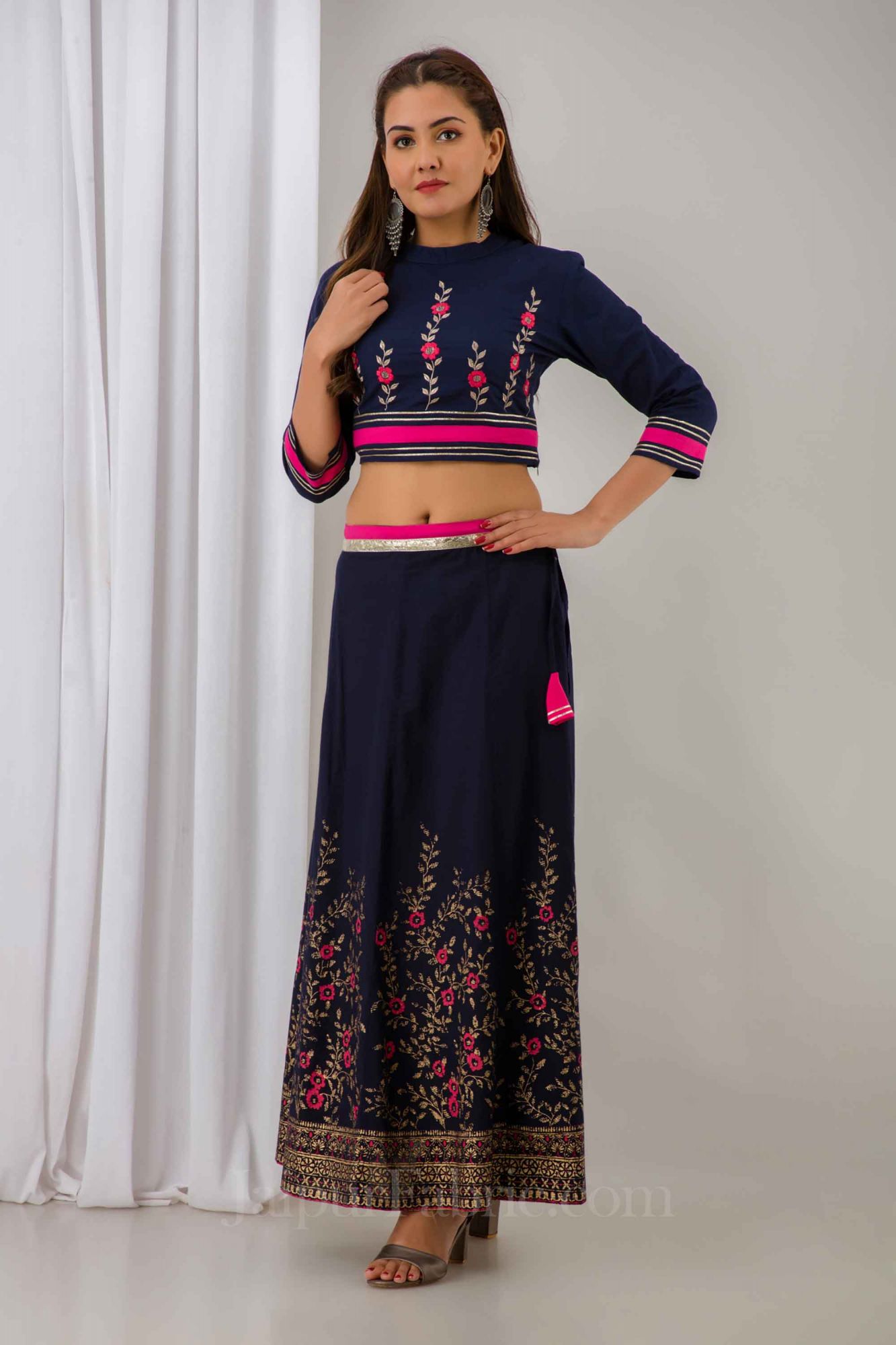 Women Navy Blue Festive Cotton Top with Skirt